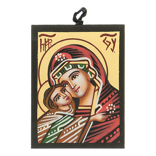 Heilige Ikone aus Rumänien der Madonna mit rotem Umhang und Kind, 8 x 6 cm 1