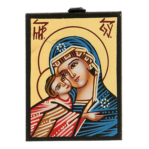 Goldfarbige rumänische handbemalte Ikone der Madonna mit blauem Umhang, 8 x 6 cm 1