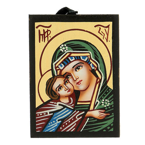 Ícone romeno Virgem com Menino capa verde pintado à mão 8x6 cm 1