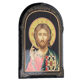 Russian papier maché icon of Christ Pantocrator, Byzantine style, 7x5 in