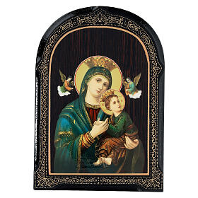 Russian papier maché icon of Our Lady of Perpetual Help, light blue dress, 7x5 in