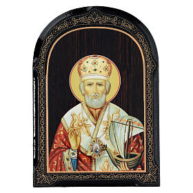 Russian papier maché icon of Saint Nicholas with a boat, 7x5 in