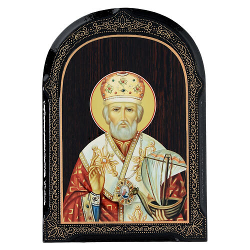 Russian papier maché icon of Saint Nicholas with a boat, 7x5 in 1