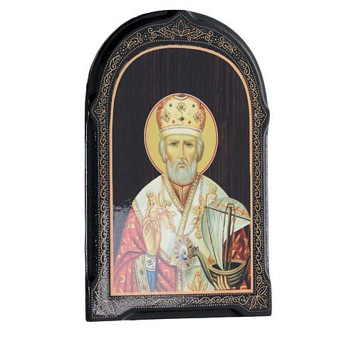 Russian papier maché icon of Saint Nicholas with a boat, 7x5 in 2