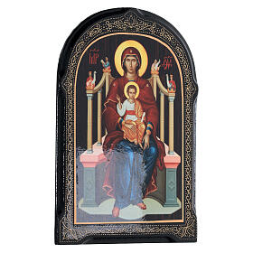 Russische Pappmaché Ikone Madonna auf dem Thron, 18x14 cm