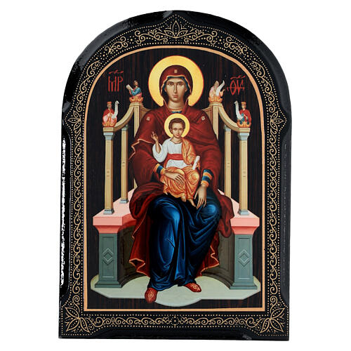 Russische Pappmaché Ikone Madonna auf dem Thron, 18x14 cm 1