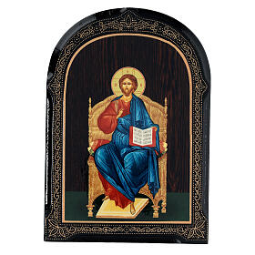Russian lacquer of Christ enthroned, papier maché, 7x5 in