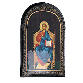 Russian lacquer of Christ enthroned, papier maché, 7x5 in