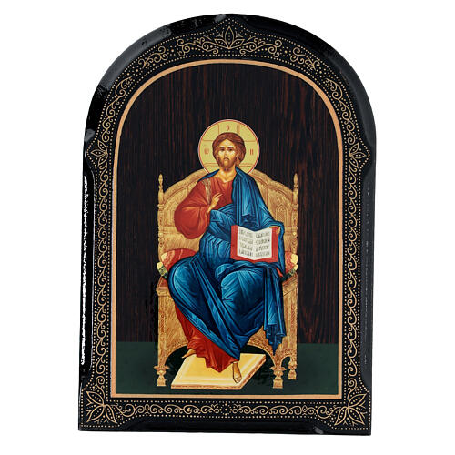 Russian lacquer of Christ enthroned, papier maché, 7x5 in 1