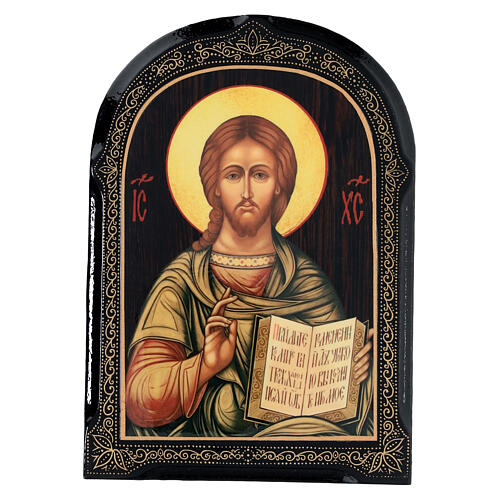 Russischer Lack Christus Pantokrator vergoldet, 18x14 cm 1