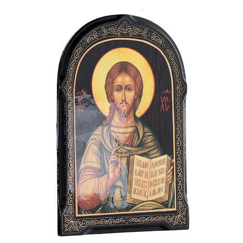 Russian lacquer of golden Christ Pantocrator, papier maché, 7x5 in 2