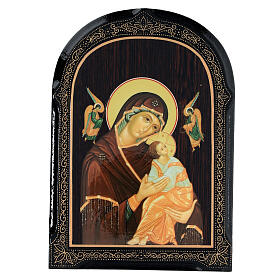 Russian lacquer of Our Lady of Perpetual Help, brown dress, papier maché, 7x5 in