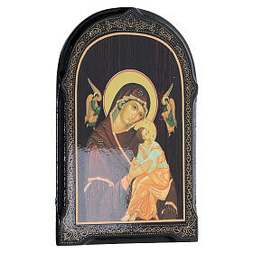 Russian lacquer of Our Lady of Perpetual Help, brown dress, papier maché, 7x5 in