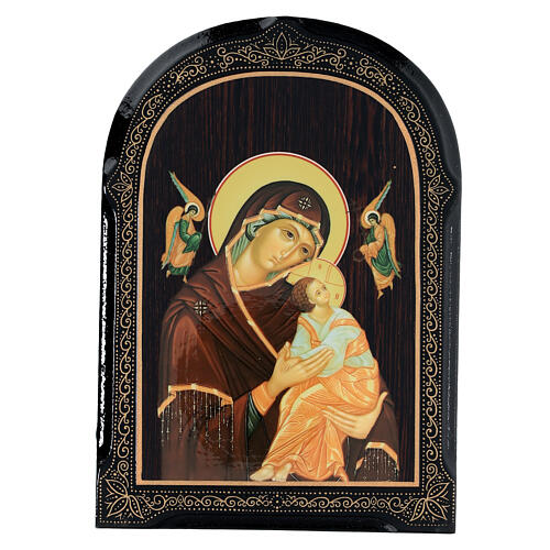 Russian lacquer of Our Lady of Perpetual Help, brown dress, papier maché, 7x5 in 1