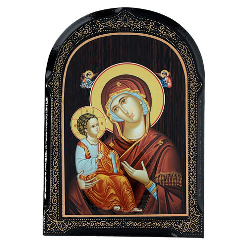 Russische Pappmaché Malerei Madonna Odigitria mit Engeln, 18x14 cm 1