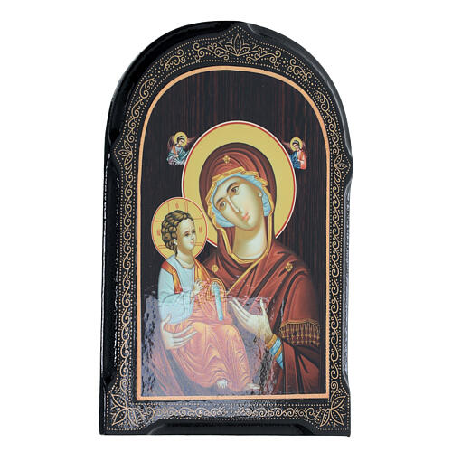 Russische Pappmaché Malerei Madonna Odigitria mit Engeln, 18x14 cm 2