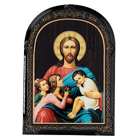 Ícone russo Cristo abençoando crianças papel machê 18x14 cm
