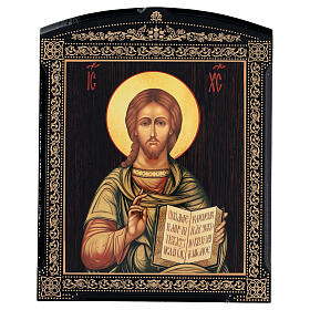 Russische Lackkunst, Ikone, Christus Pantokrator mit grünem Mantel, 25x20 cm