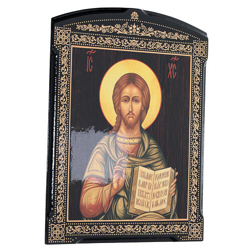 Russische Lackkunst, Ikone, Christus Pantokrator mit grünem Mantel, 25x20 cm 3