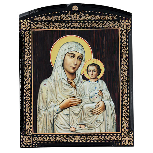 Tableau russe Mère de Dieu Ierusalimskaja blanche papier mâché 25x20 cm 1