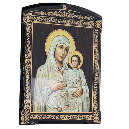 Russian icon Ierusalimskaya Mother of God white paper mache 25x20 cm 3