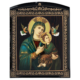 Russische Lackkunst, Ikone, Unsere Liebe Frau von der immerwährenden Hilfe, Madonna mit aquamaringrünem Mantel,  25x20 cm