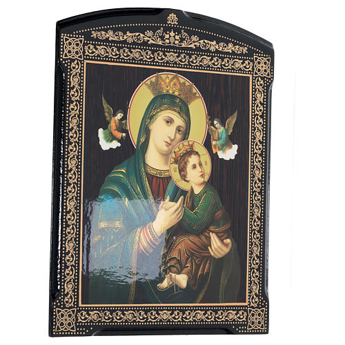Russische Lackkunst, Ikone, Unsere Liebe Frau von der immerwährenden Hilfe, Madonna mit aquamaringrünem Mantel,  25x20 cm 3