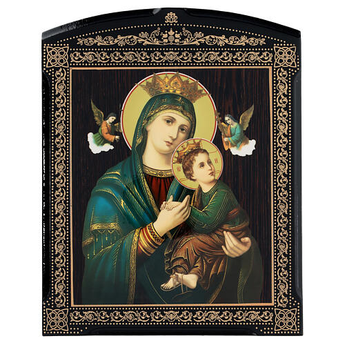 Papier mâché russe Notre-Dame du Perpétuel Secours robe vert d'eau 25x20 cm 1
