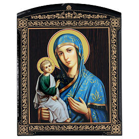 Ícone papel machê russo Nossa Senhora de Jerusalém roupa azul 25x20 cm
