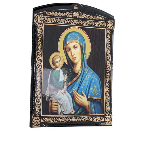 Ícone papel machê russo Nossa Senhora de Jerusalém roupa azul 25x20 cm 3