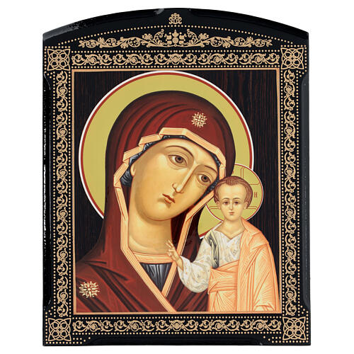 Russian papier maché icon of the Mother-of-God of Kazan, red and orange, 10x8 in 1