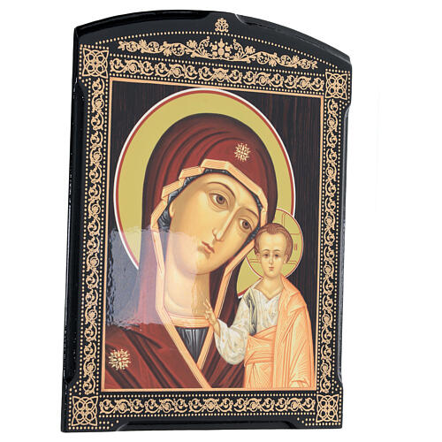 Russian papier maché icon of the Mother-of-God of Kazan, red and orange, 10x8 in 3