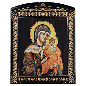 Russische Lackkunst, Ikone, Gottesmutter von Konevskaya, Madonna mit braunem Mantel, 25x20 cm