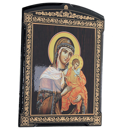 Russian papier maché icon of the Theotokos of Konev, brown, 10x8 in 3