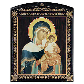 Russische Lackkunst, Ikone, Gottesmutter von Konevskaya, Madonna mit blauem Mantel, 25x20 cm