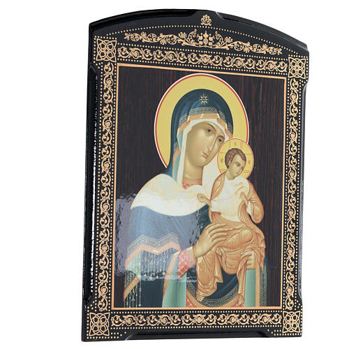 Russische Lackkunst, Ikone, Gottesmutter von Konevskaya, Madonna mit blauem Mantel, 25x20 cm 3