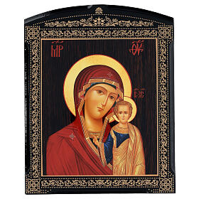 Russian papier maché icon of Mother-of-God of Kazan, red and blue, 10x8 in