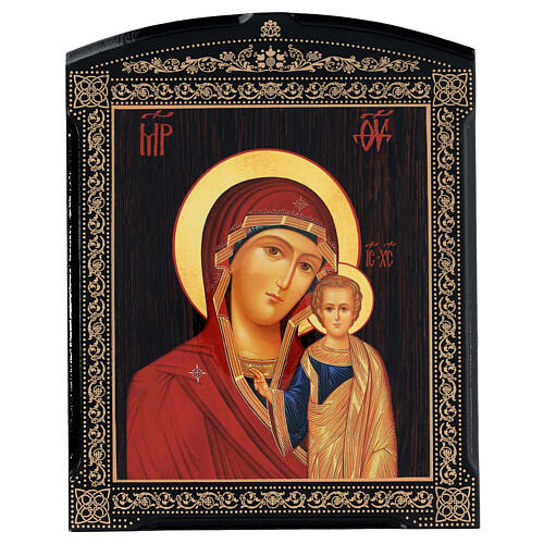 Icona cartapesta russa Madonna Kazan rossa Gesù vesti scure 25x20 cm 1