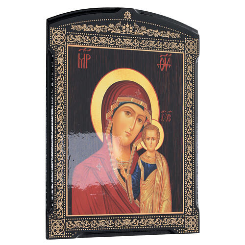 Russian paper mache icon Madonna Kazan red Jesus dark robes 25x20 cm 3