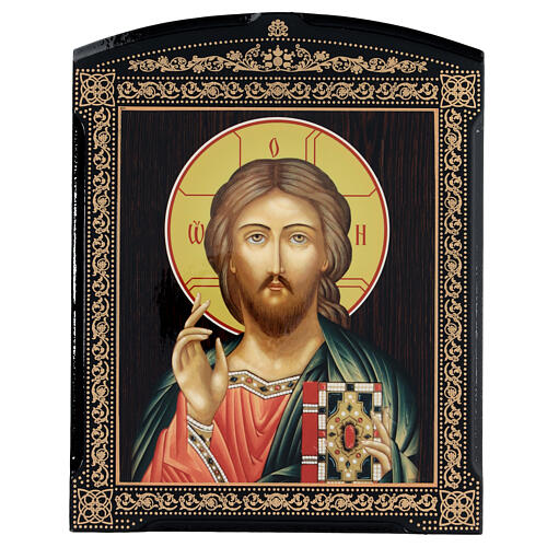 Russian print on papier maché, Christ Pantocrator with closed book, 10x8 in 1