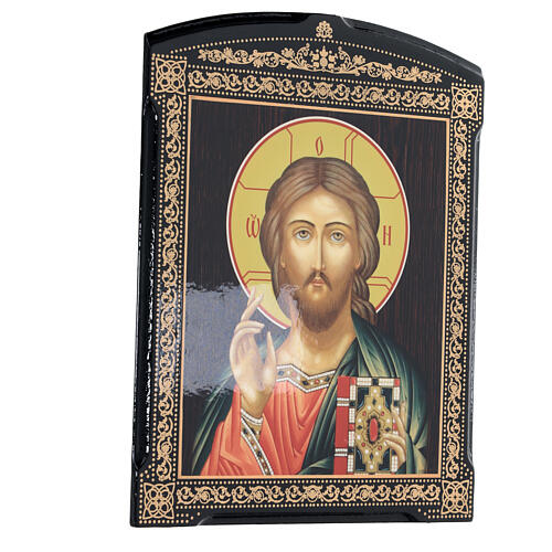 Russian print on papier maché, Christ Pantocrator with closed book, 10x8 in 3