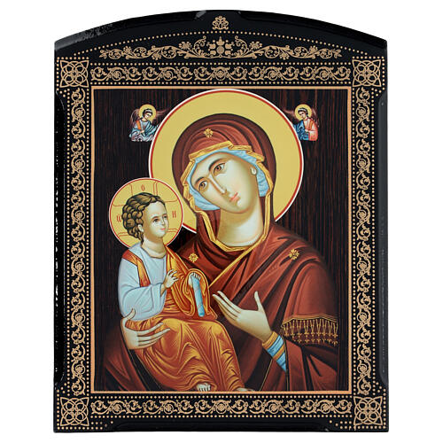 Laque papier mâché russe Mère de Dieu de Jérusalem robe rouge 25x20 cm 1