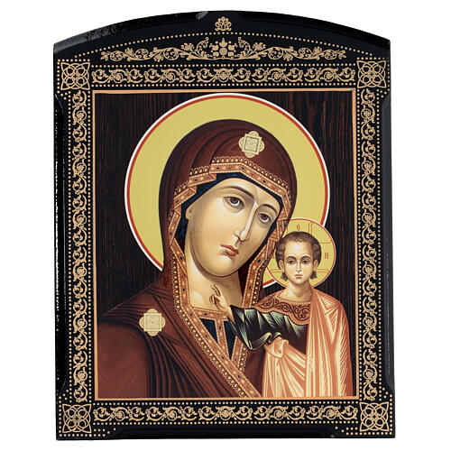 Russian lacquer of Our Lady of Kazan, brown dress, 10x8 in 1