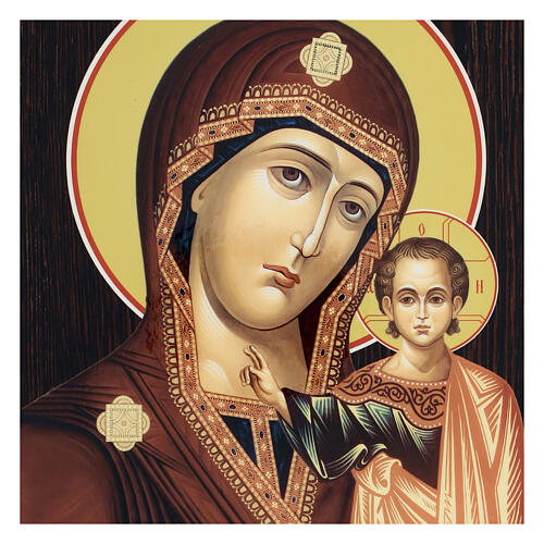 Russian icon Our Lady of Kazan brown lacquer 25x20 cm 2