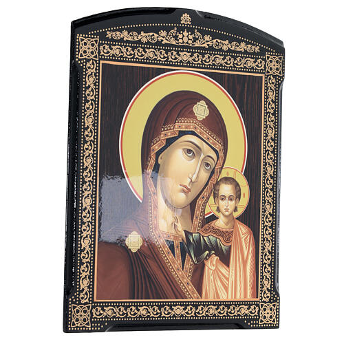 Russian icon Our Lady of Kazan brown lacquer 25x20 cm 3