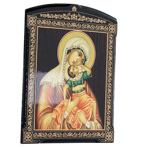 Russische Lackkunst, Ikone, Gottesmutter von Vzygranie Mladenza, 25x20 cm 3