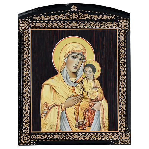 Russische Lackkunst, Ikone, Gottesmutter von Kasan, Muttergottes mit goldenem Mantel, 25x20 cm 1