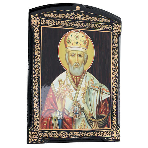 Tableau papier mâché russe Saint Nicolas avec bateau 25x20 cm 3