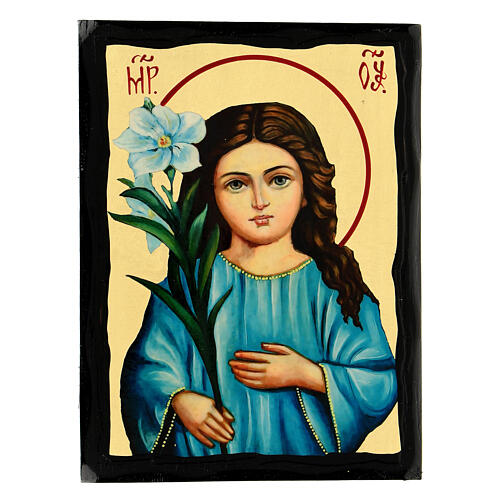 Russian Virgin with lily icon Black and Gold style 14x18 cm 1