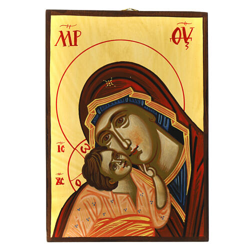 Icône roumaine Mère de Dieu de Yaroslav peinte Enfant tunique rose 14x18 cm 1